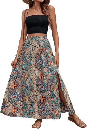 Verdusa Women's Paisley Print Maxi Skirt Boho Split Thigh High Waisted A Line Flowy Skirts