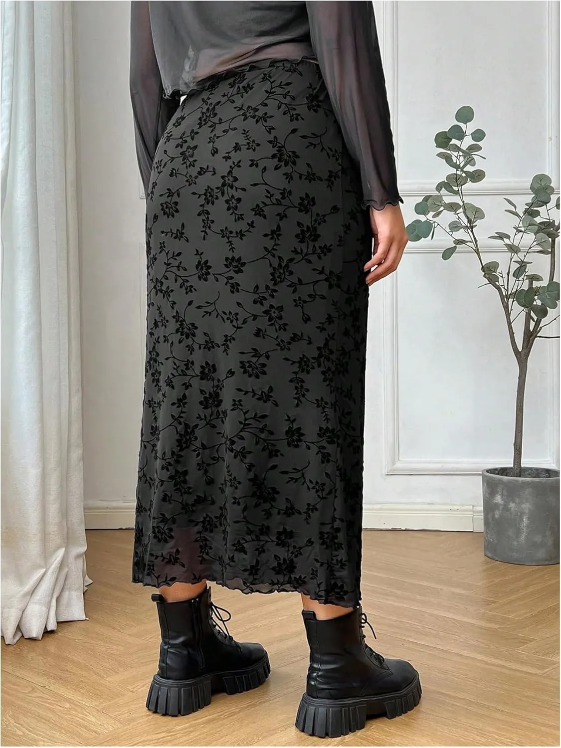 Verdusa Women's Plus Size Floral Print Fishtail Mesh Skirt High Waisted Lettuce Trim Long Skirts