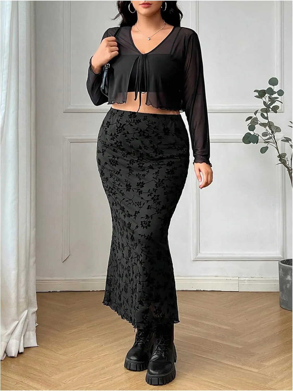 Verdusa Women's Plus Size Floral Print Fishtail Mesh Skirt High Waisted Lettuce Trim Long Skirts