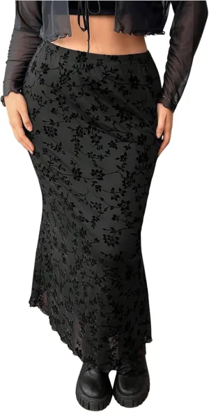 Verdusa Women's Plus Size Floral Print Fishtail Mesh Skirt High Waisted Lettuce Trim Long Skirts