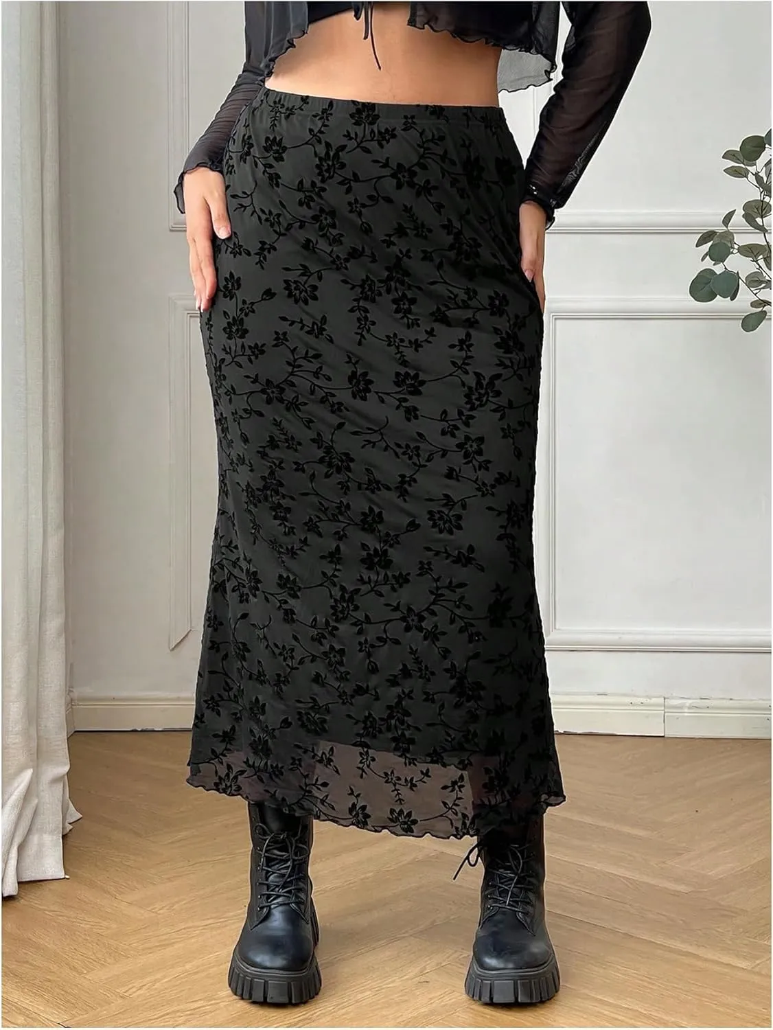 Verdusa Women's Plus Size Floral Print Fishtail Mesh Skirt High Waisted Lettuce Trim Long Skirts