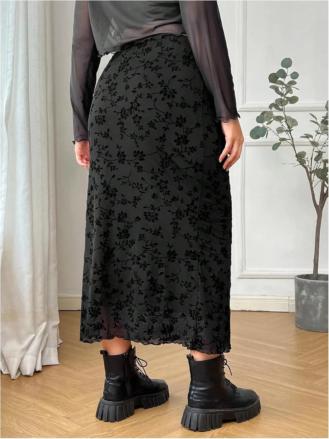 Verdusa Women's Plus Size Floral Print Fishtail Mesh Skirt High Waisted Lettuce Trim Long Skirts