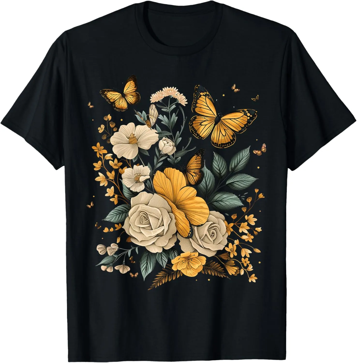 Vintage Pressed Flowers Butterflies Floral Boho Wildflowers T-Shirt