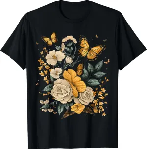 Vintage Pressed Flowers Butterflies Floral Boho Wildflowers T-Shirt
