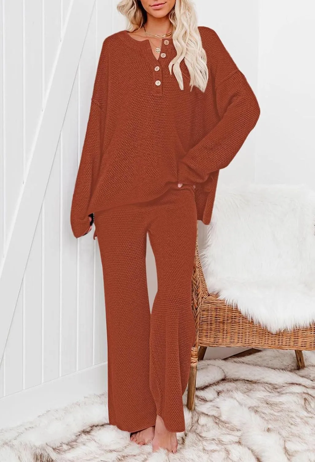 Viottiset Women's 2 Piece Outfits Sweatsuit Knit Long Sleeve Sweater Wide Leg Pants Loungewear