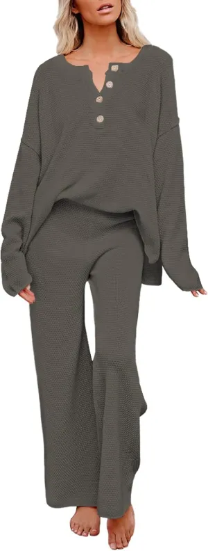 Viottiset Women's 2 Piece Outfits Sweatsuit Knit Long Sleeve Sweater Wide Leg Pants Loungewear