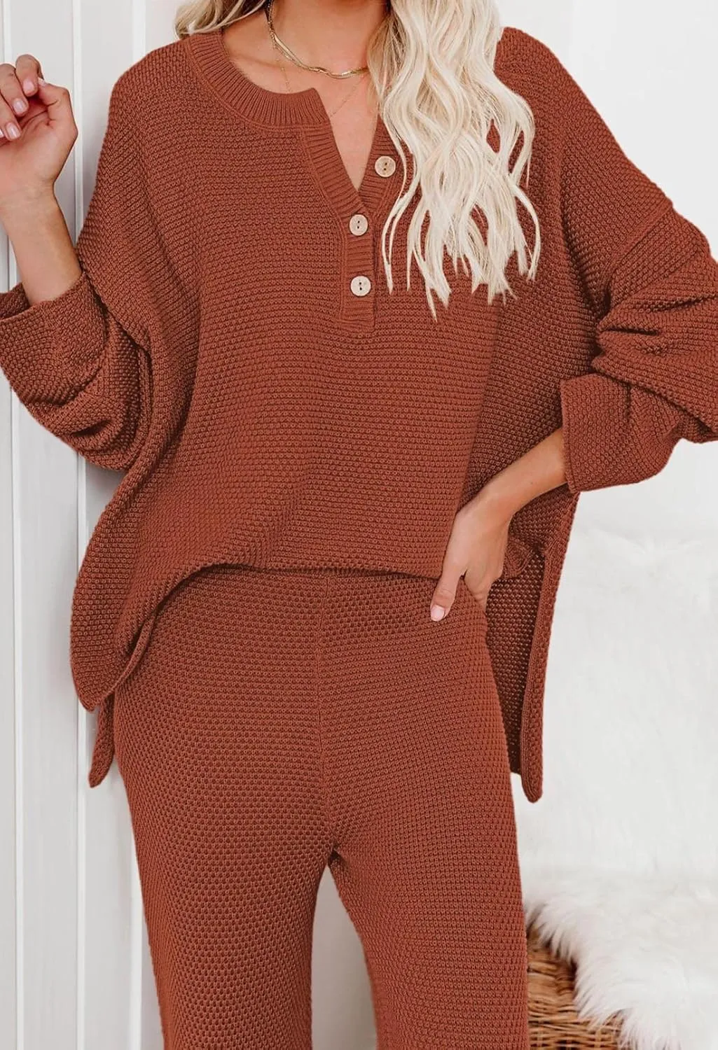 Viottiset Women's 2 Piece Outfits Sweatsuit Knit Long Sleeve Sweater Wide Leg Pants Loungewear