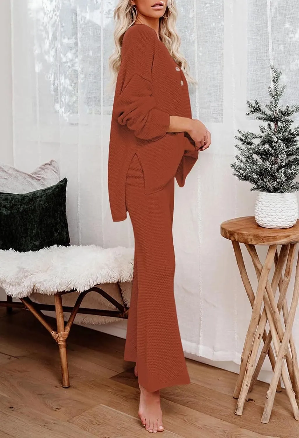 Viottiset Women's 2 Piece Outfits Sweatsuit Knit Long Sleeve Sweater Wide Leg Pants Loungewear