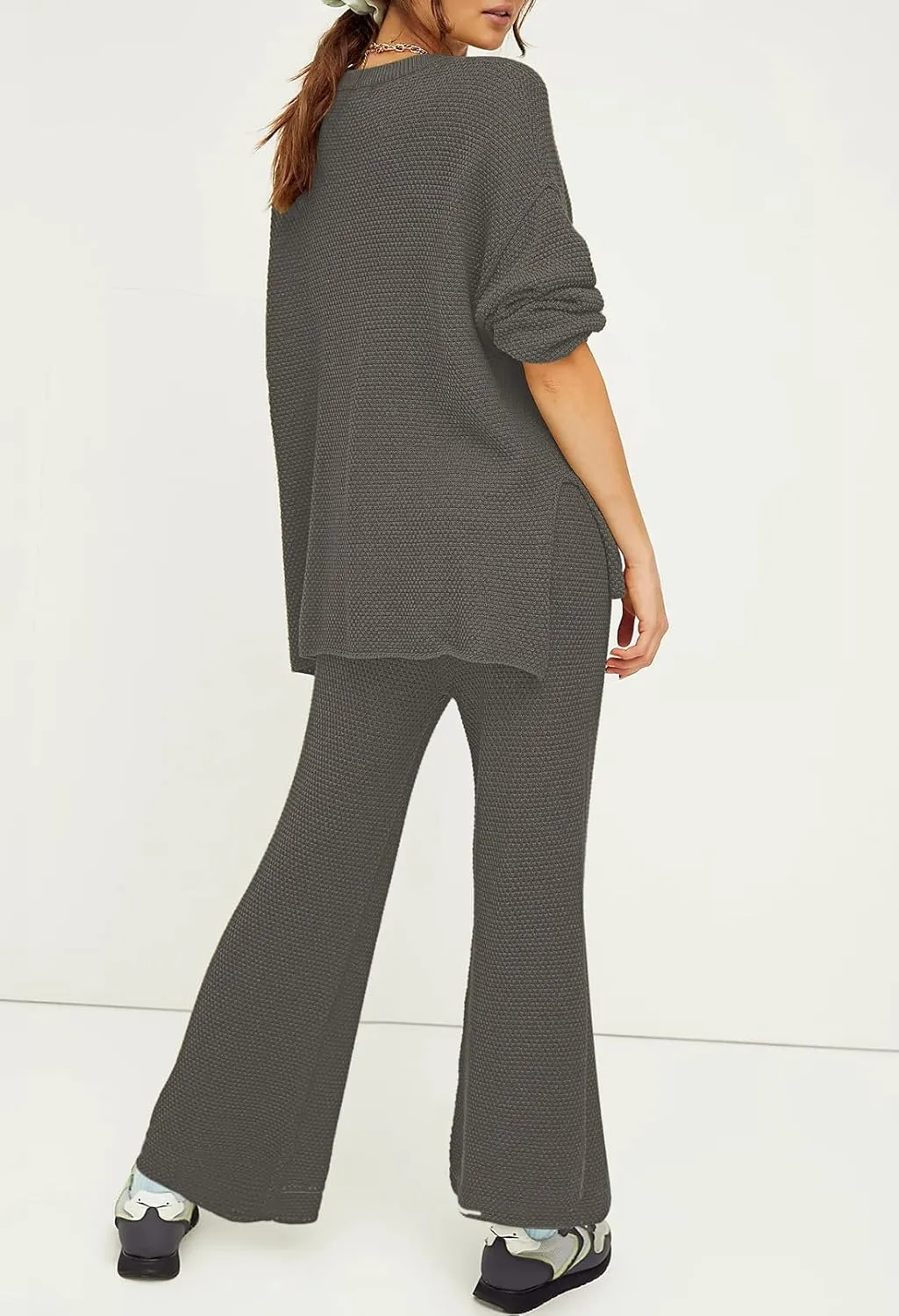 Viottiset Women's 2 Piece Outfits Sweatsuit Knit Long Sleeve Sweater Wide Leg Pants Loungewear