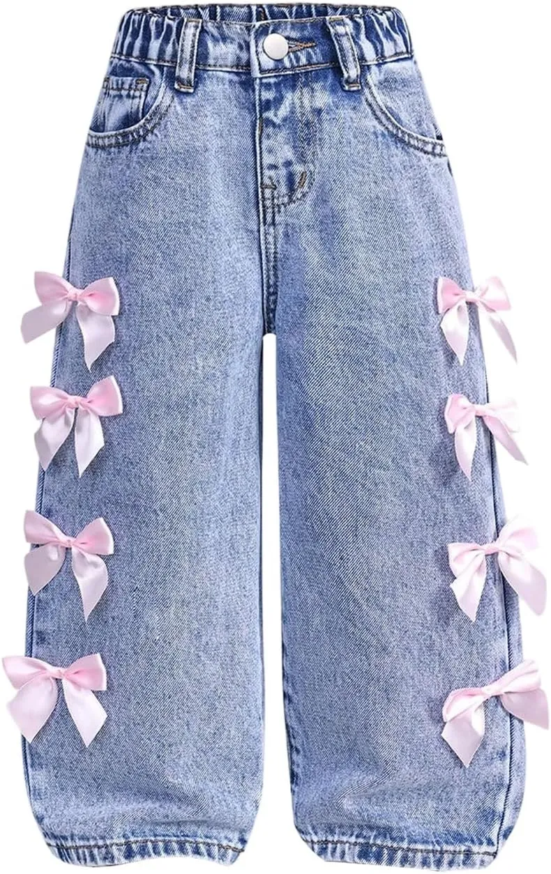 WDIRARA Toddler Girl's Y2k Bow Jeans Elastic High Waisted Wide Leg Denim Pants