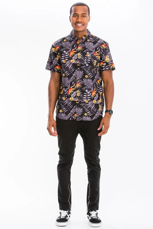 Weiv Mens Print Hawaiian Button Down Shirt