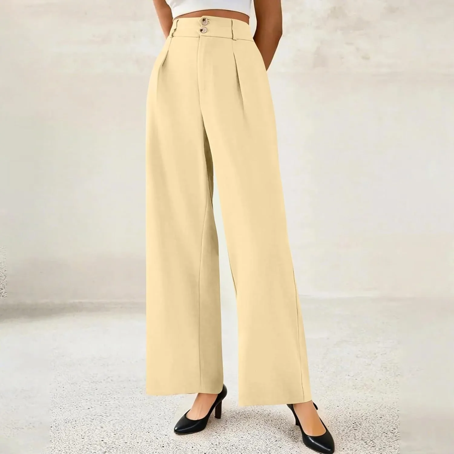 Wide Leg Dress Pants Women Summer Button High Waist Business Work Pants Relaxed Fit Formal Office Trousers w/Pockets