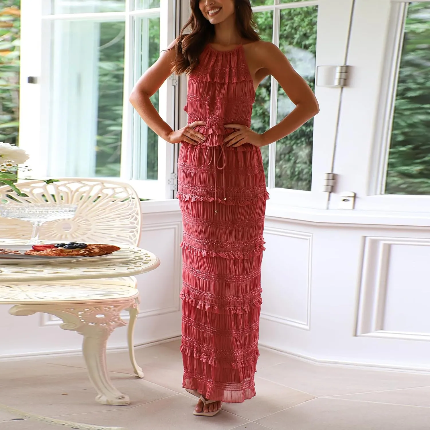 Women 2 Piece Maxi Skirt Sets Lace Hem Ruffle Cami Tops Low Waist Skirts Summer Party Club Streetwear
