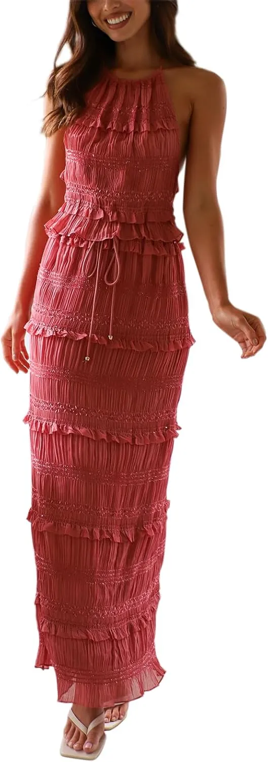 Women 2 Piece Maxi Skirt Sets Lace Hem Ruffle Cami Tops Low Waist Skirts Summer Party Club Streetwear