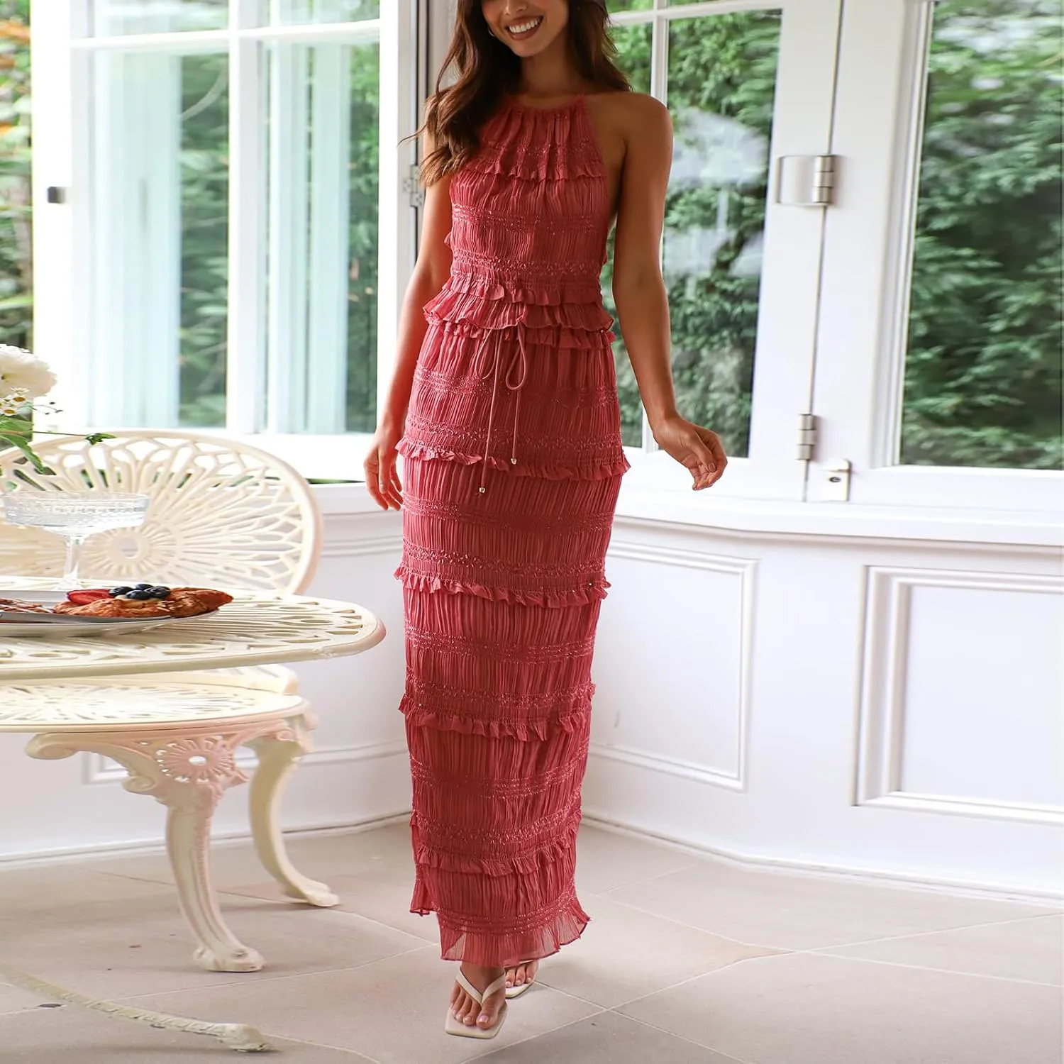 Women 2 Piece Maxi Skirt Sets Lace Hem Ruffle Cami Tops Low Waist Skirts Summer Party Club Streetwear