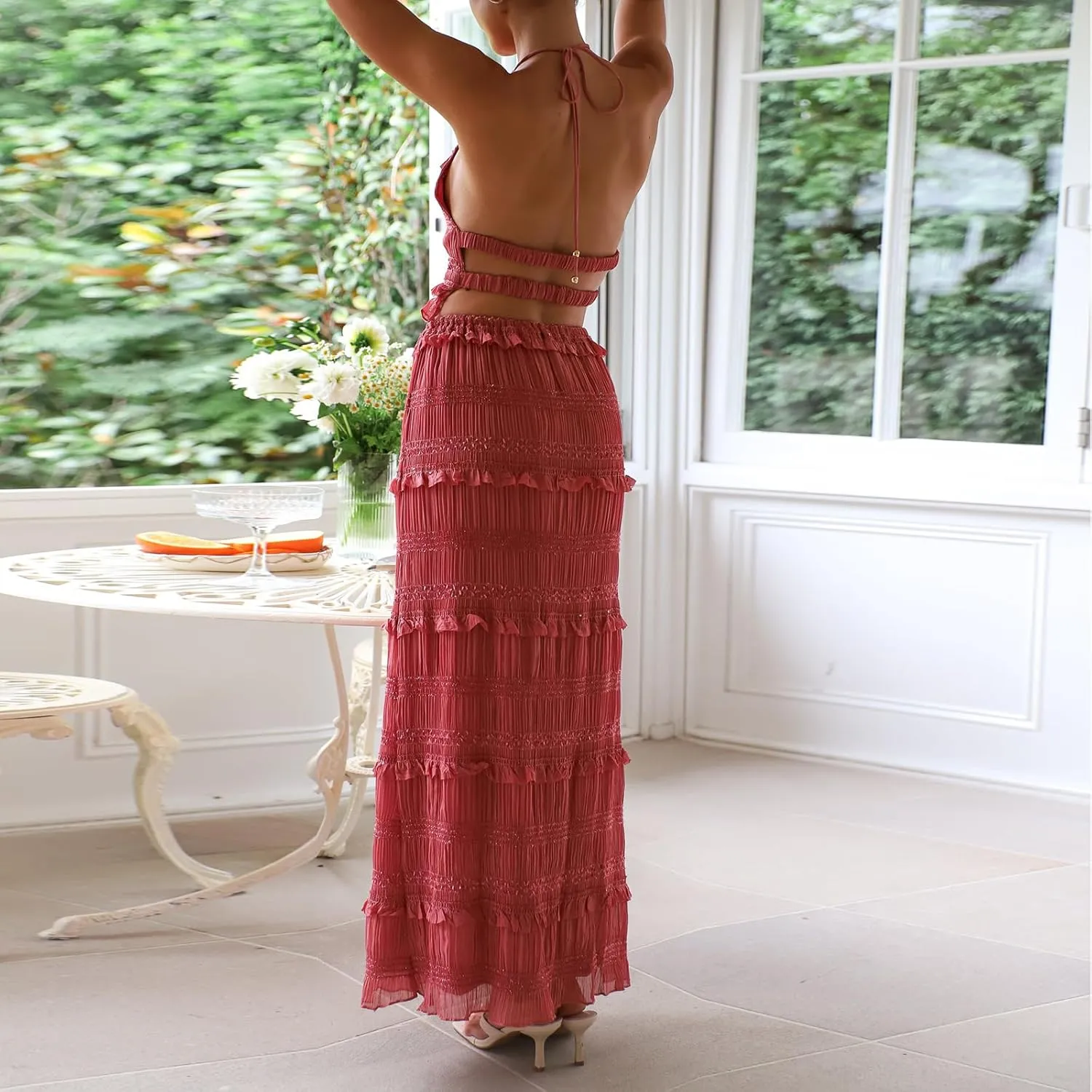 Women 2 Piece Maxi Skirt Sets Lace Hem Ruffle Cami Tops Low Waist Skirts Summer Party Club Streetwear