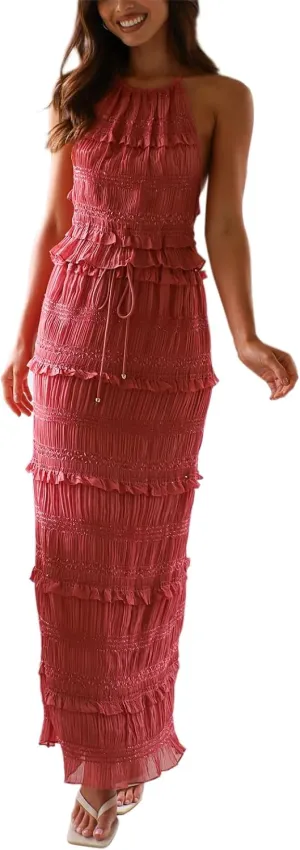 Women 2 Piece Maxi Skirt Sets Lace Hem Ruffle Cami Tops Low Waist Skirts Summer Party Club Streetwear