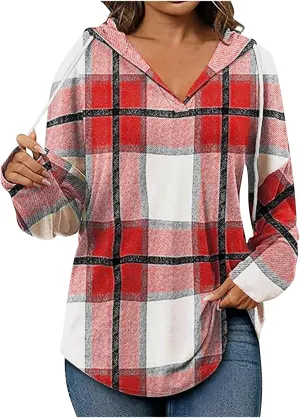 Women 2024 Hoodies Long Sleeve Drawstring Plaid Hooded Pullover Sweaters Causl Loose Tunic Tops Fashion on Clothes Red L