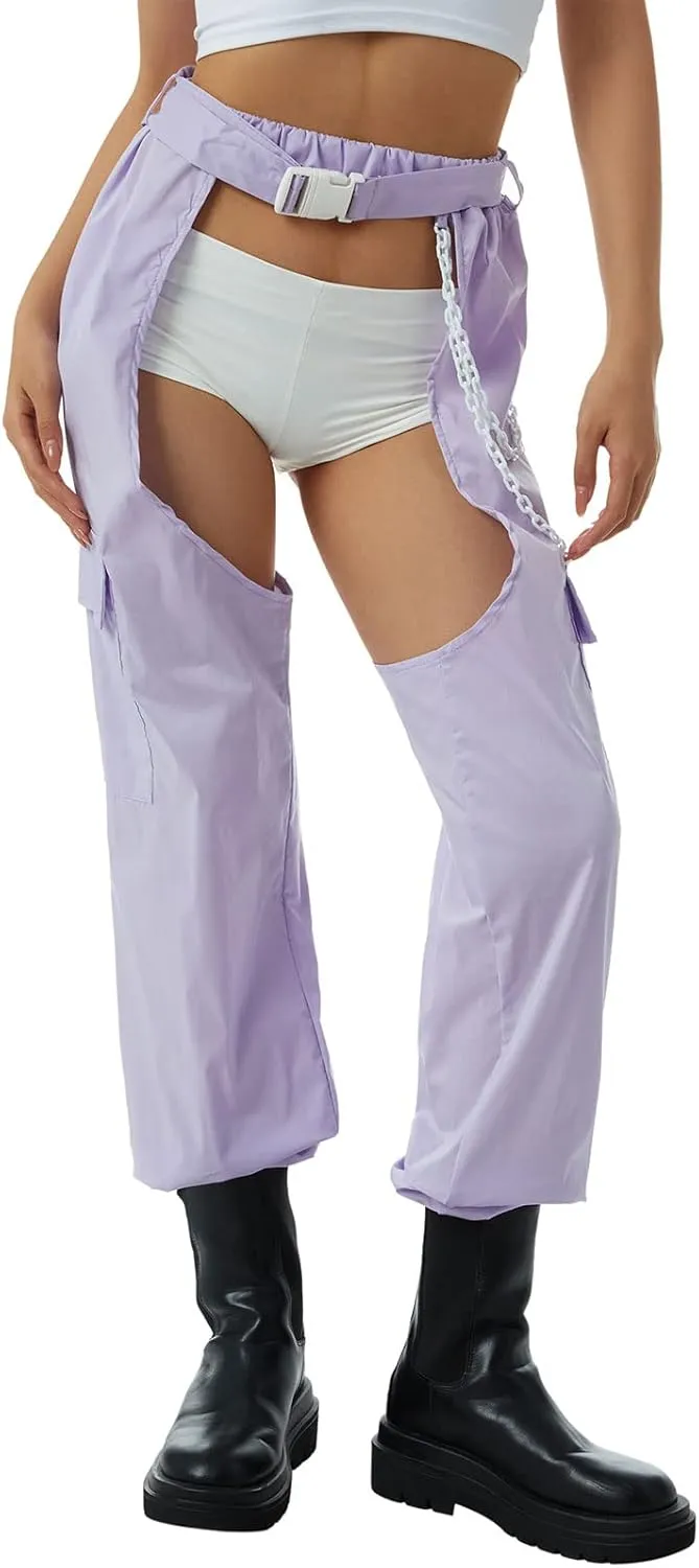 Women Buckle Bottomless Pants Sexy High Waist Chaps Hollow Out Cargo Crotch Pants See Through Rave Leggings Harem Trousers