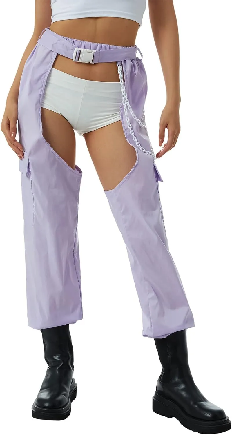 Women Buckle Bottomless Pants Sexy High Waist Chaps Hollow Out Cargo Crotch Pants See Through Rave Leggings Harem Trousers