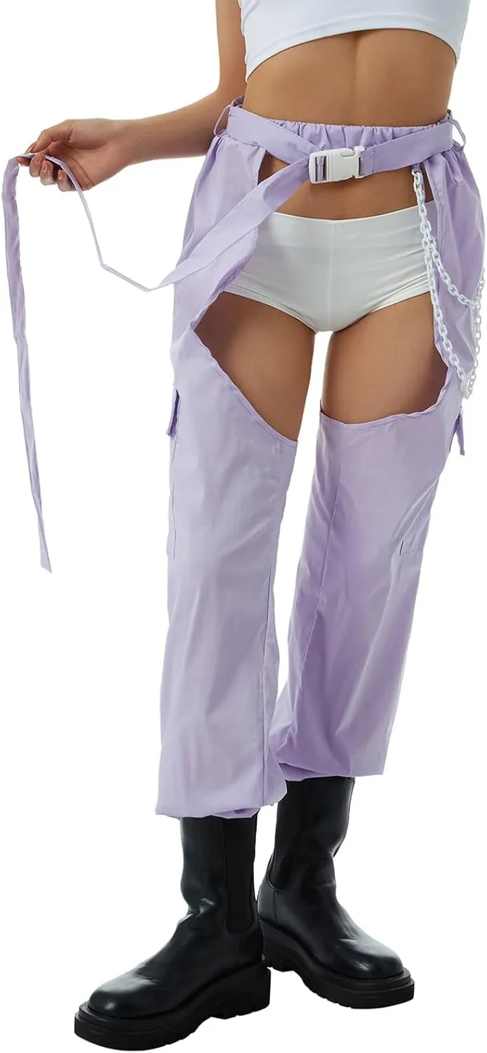 Women Buckle Bottomless Pants Sexy High Waist Chaps Hollow Out Cargo Crotch Pants See Through Rave Leggings Harem Trousers