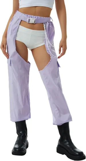 Women Buckle Bottomless Pants Sexy High Waist Chaps Hollow Out Cargo Crotch Pants See Through Rave Leggings Harem Trousers