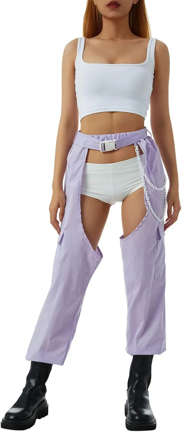 Women Buckle Bottomless Pants Sexy High Waist Chaps Hollow Out Cargo Crotch Pants See Through Rave Leggings Harem Trousers