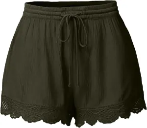 Women Casual Shorts Summer Floral Lace Plus Size High Waist Drawstring Dressy Yoga Shorts Soft Trendy Beach Clothes