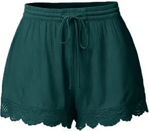 Women Casual Shorts Summer Floral Lace Plus Size High Waist Drawstring Dressy Yoga Shorts Soft Trendy Beach Clothes