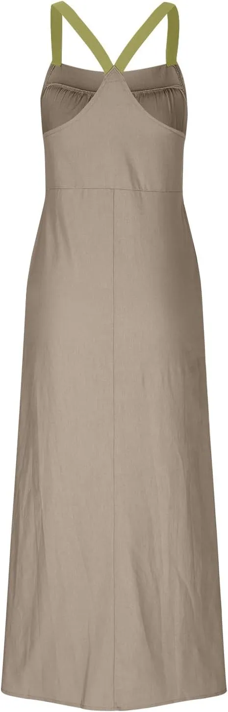 Women Cotton Linen Dress Spaghetti Straps Sleeveless Beach Sundress Solid Color Loose Flowy Maxi Dress 2025 Fashion