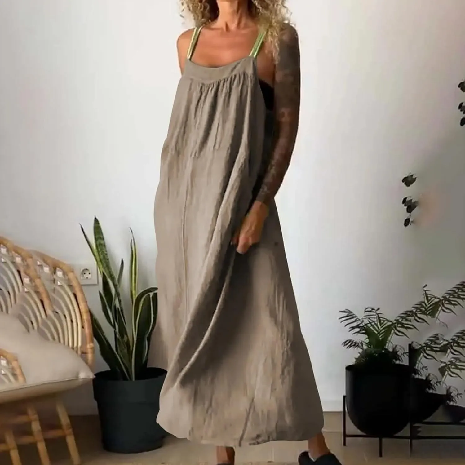 Women Cotton Linen Dress Spaghetti Straps Sleeveless Beach Sundress Solid Color Loose Flowy Maxi Dress 2025 Fashion
