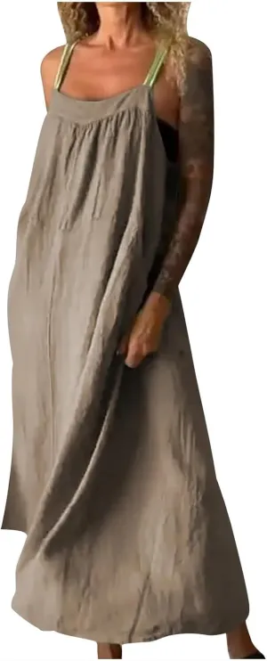 Women Cotton Linen Dress Spaghetti Straps Sleeveless Beach Sundress Solid Color Loose Flowy Maxi Dress 2025 Fashion