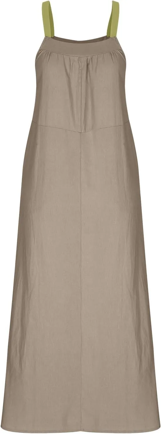 Women Cotton Linen Dress Spaghetti Straps Sleeveless Beach Sundress Solid Color Loose Flowy Maxi Dress 2025 Fashion