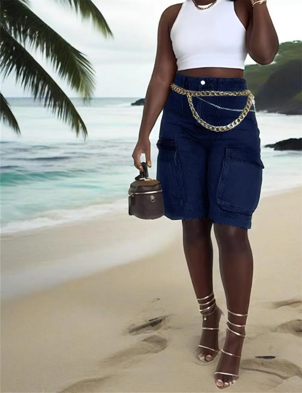 Women Denim Cargo Shorts, High Waisted Long Jean Shorts with Pockets