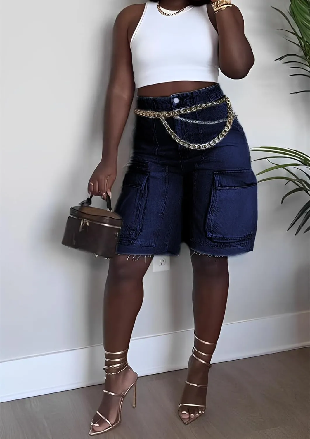 Women Denim Cargo Shorts, High Waisted Long Jean Shorts with Pockets