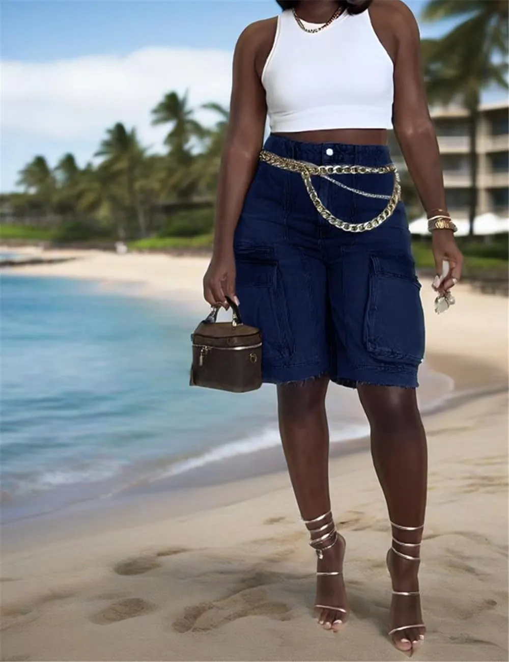 Women Denim Cargo Shorts, High Waisted Long Jean Shorts with Pockets