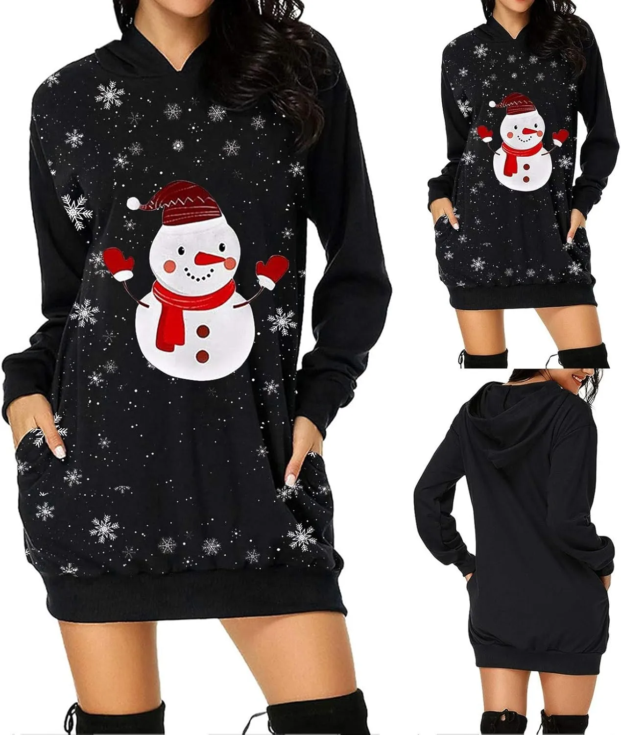 Women Dresses Christmas Print Casual Long Sleeve Solid Color Hooded Pullover Elegant Holiday Night Out Dress Plus Size