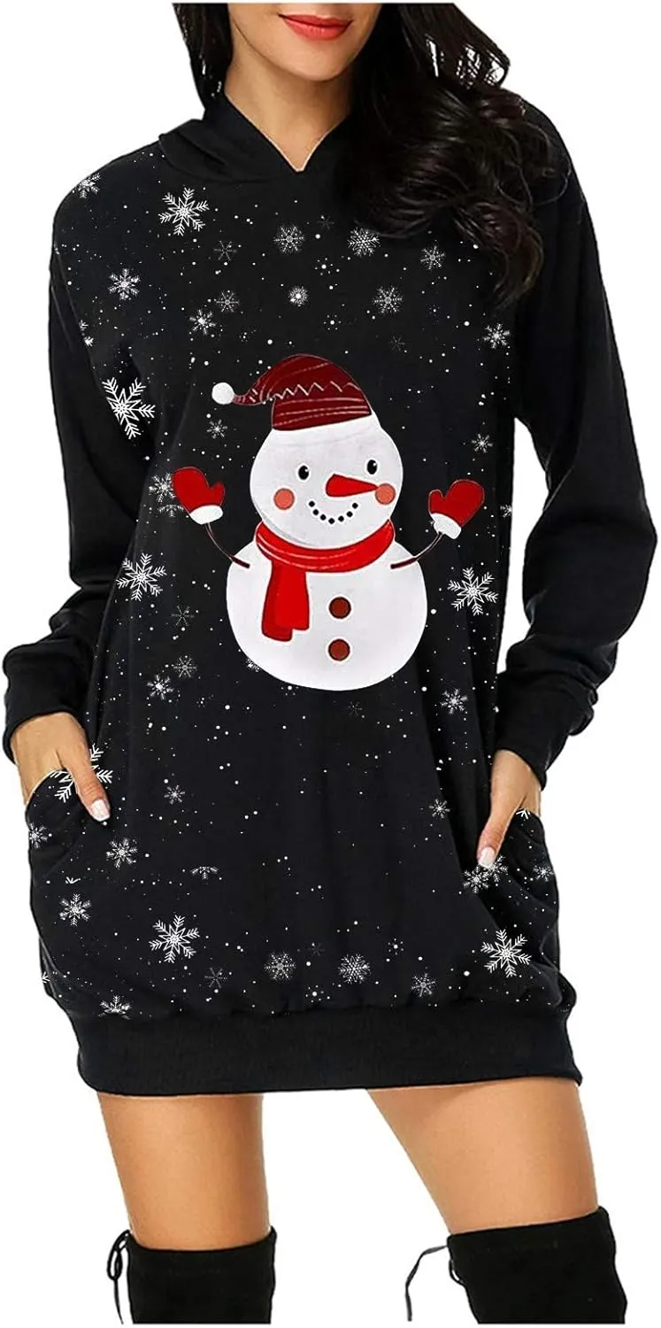 Women Dresses Christmas Print Casual Long Sleeve Solid Color Hooded Pullover Elegant Holiday Night Out Dress Plus Size