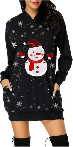 Women Dresses Christmas Print Casual Long Sleeve Solid Color Hooded Pullover Elegant Holiday Night Out Dress Plus Size
