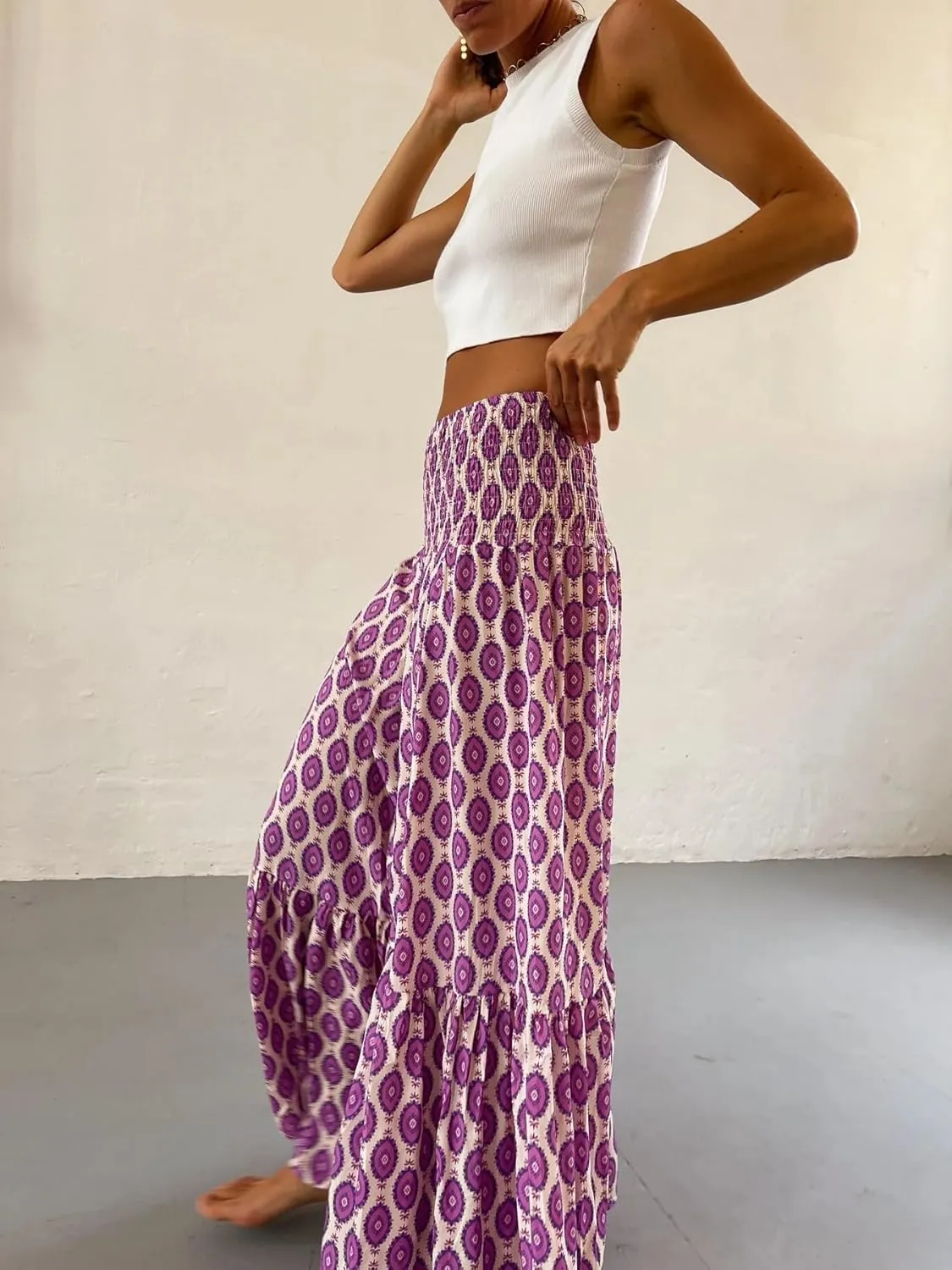 Women Flowy Boho Maxi Skirt Print Pleated Aline Long Summer Sexy Skirt