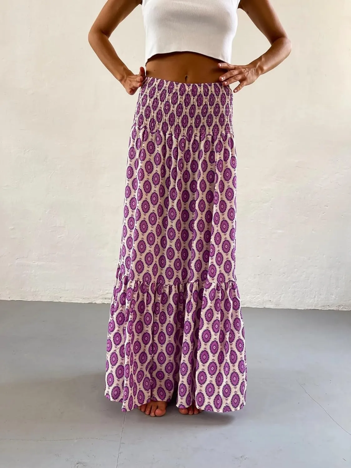Women Flowy Boho Maxi Skirt Print Pleated Aline Long Summer Sexy Skirt