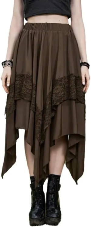 Women Goth Midi Skirt Layered Asymmetric Skirt Lace Ruffle Pleated Skirt