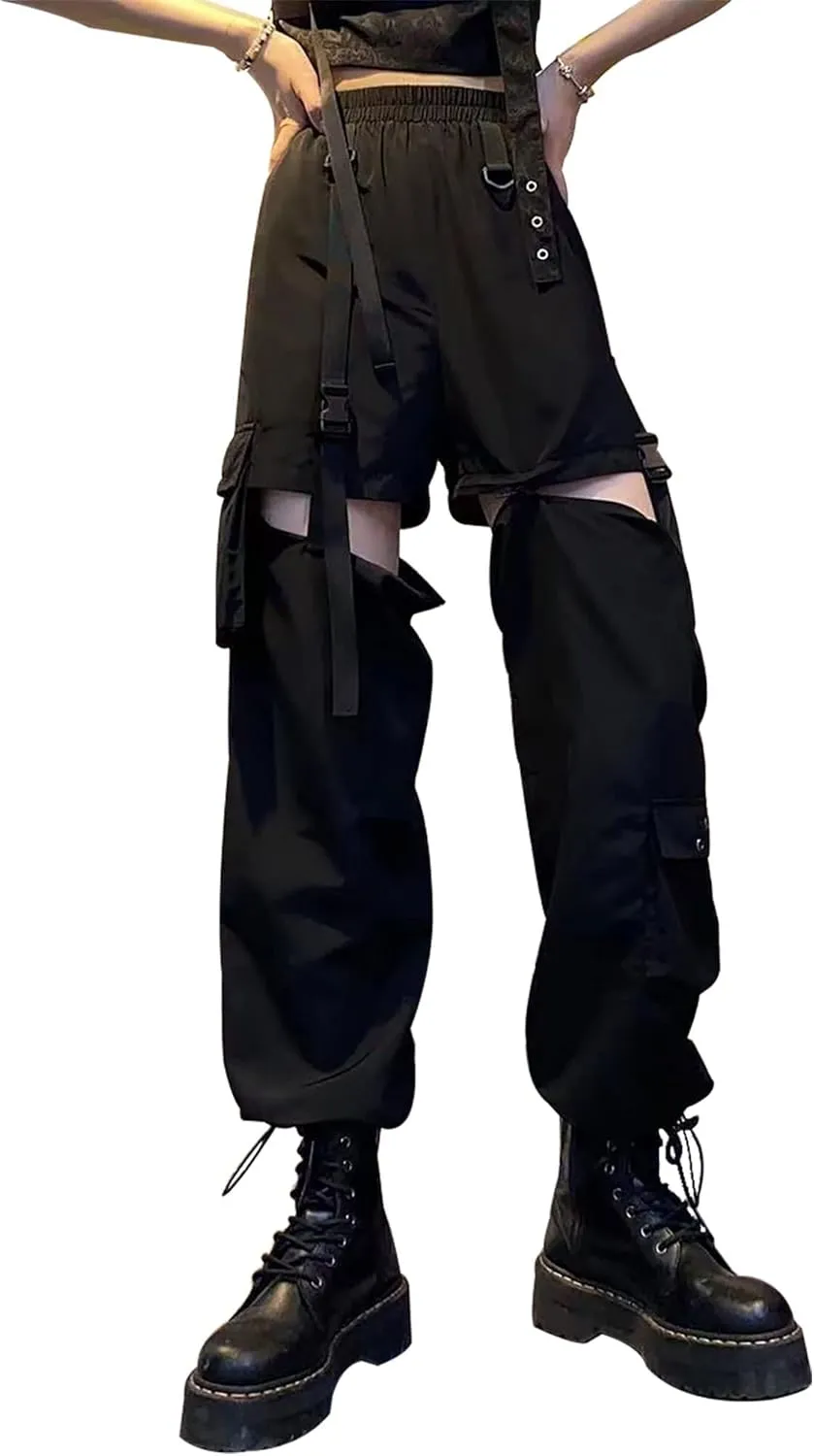 Women Hight Waist Loose Cargo Pants Multi Pocket Gothic Punk Straight Leg Pants