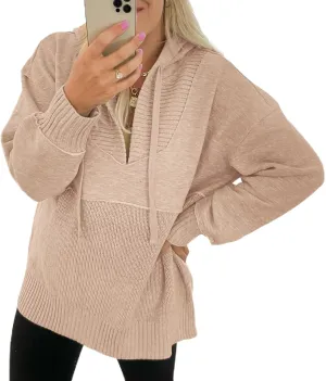 Women Hooded Pullover Sweater Casual Oversized V Neck Hoodies Long Sleeve Drawstring Sweatshirts Ribbed Knitted Top