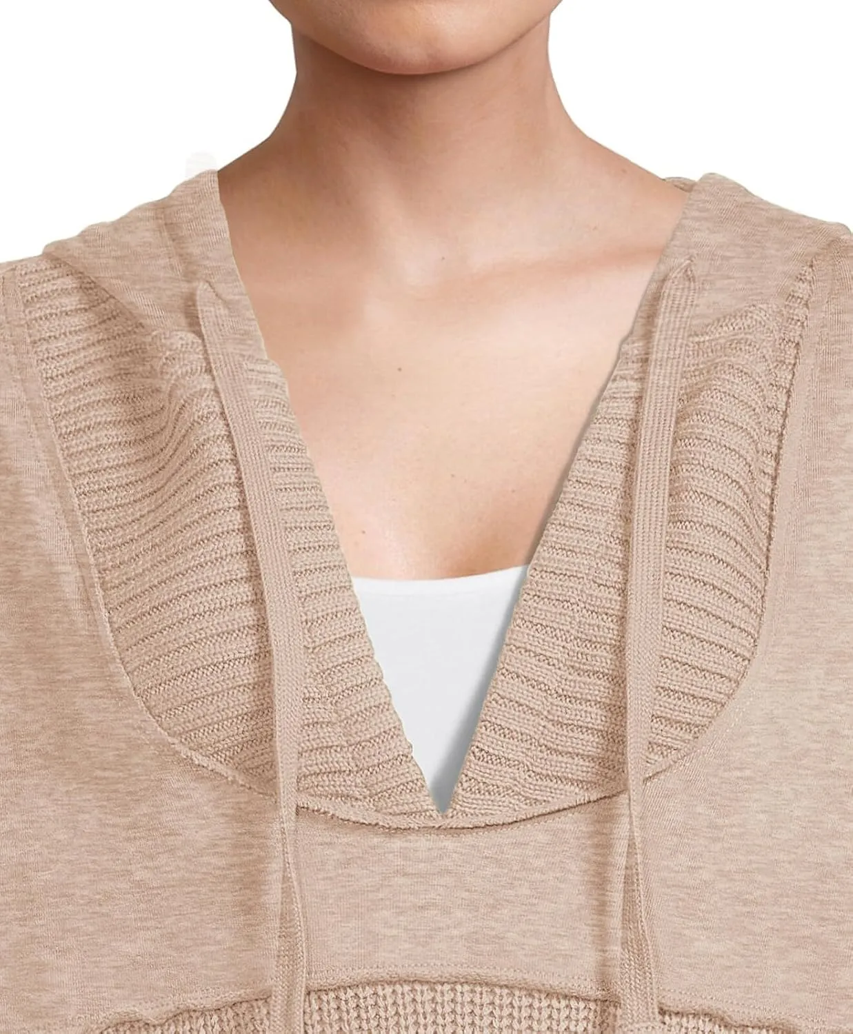 Women Hooded Pullover Sweater Casual Oversized V Neck Hoodies Long Sleeve Drawstring Sweatshirts Ribbed Knitted Top