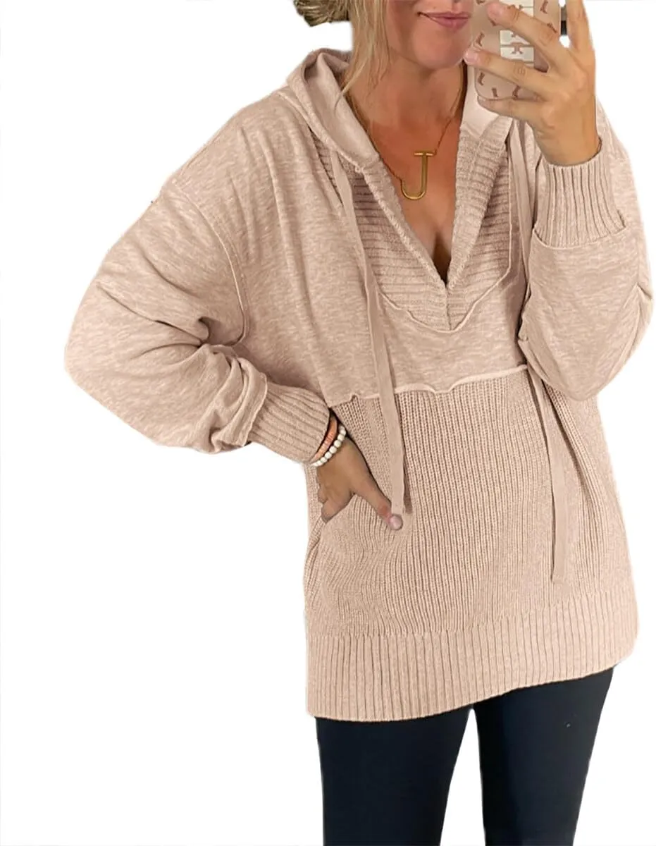 Women Hooded Pullover Sweater Casual Oversized V Neck Hoodies Long Sleeve Drawstring Sweatshirts Ribbed Knitted Top