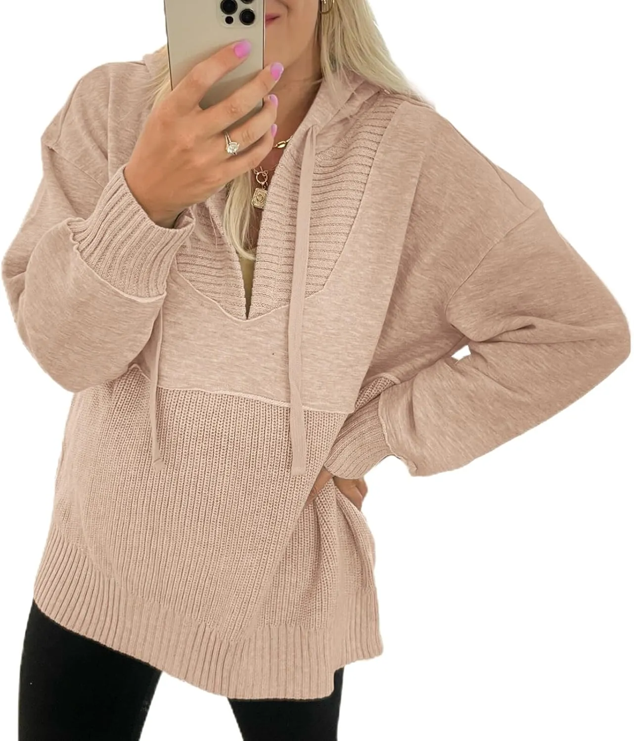Women Hooded Pullover Sweater Casual Oversized V Neck Hoodies Long Sleeve Drawstring Sweatshirts Ribbed Knitted Top