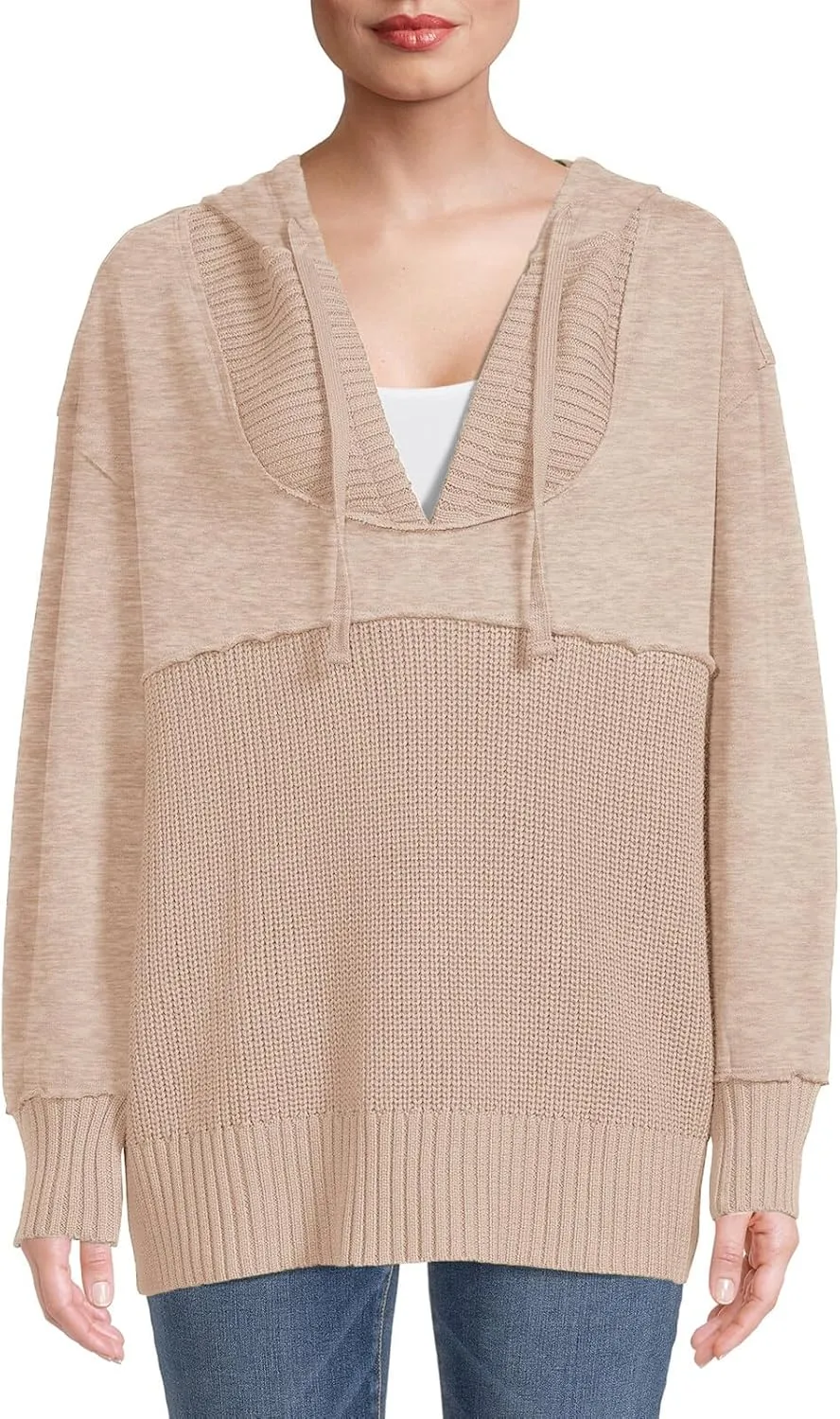 Women Hooded Pullover Sweater Casual Oversized V Neck Hoodies Long Sleeve Drawstring Sweatshirts Ribbed Knitted Top