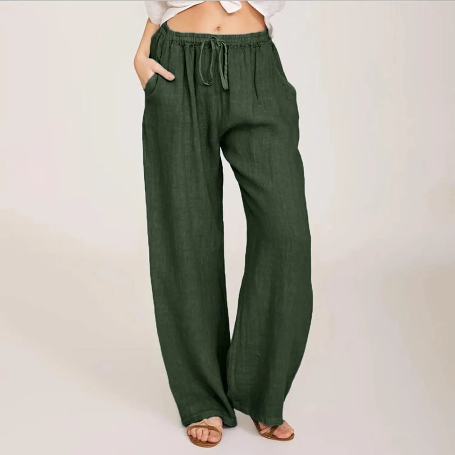 Women Linen Blend Summer Flowy Pant Trousers High Waist Long Lounge Slim Fit Pant Trousers Office