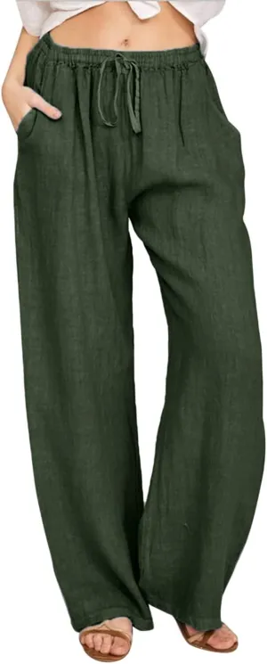 Women Linen Blend Summer Flowy Pant Trousers High Waist Long Lounge Slim Fit Pant Trousers Office